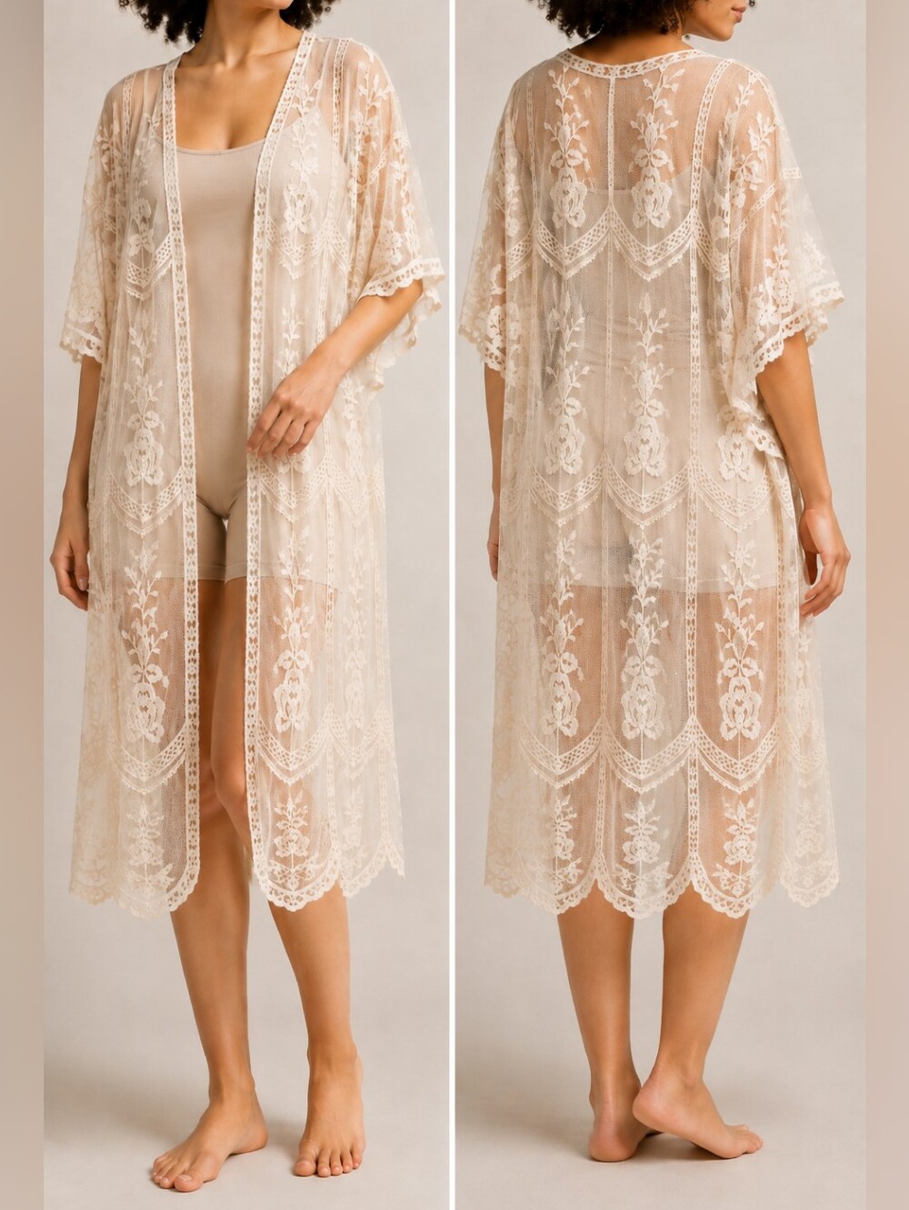 Suzy Shier Ivory Embroidered Lace Long Kimono Duster Size M